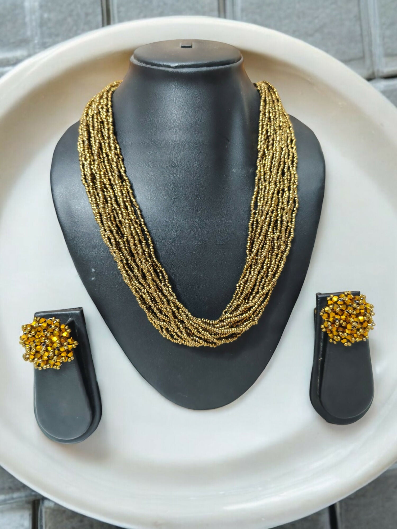 Inhanns Vibrant Handmade 20 Layers Beaded Necklace With Matching Earrings - Golden - Distacart