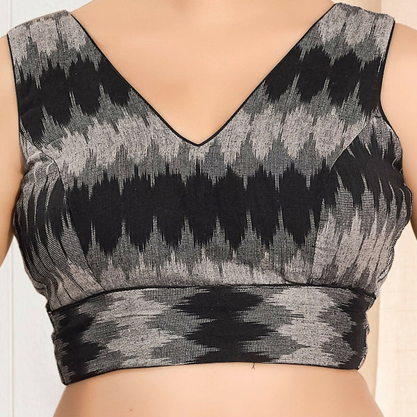 Joban Fashion Black Ikat Silk Padded Blouse With V Neck Sleeveless
