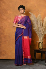 Thumbnail for Very Much Indian Handloom Pure Cotton Silk Saree With Sleek Golden Border - Indigo Blue - Distacart