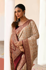 Thumbnail for Joban Fashion Crème Crepe Chiffon Pure Handloom Banarasi Silk Saree