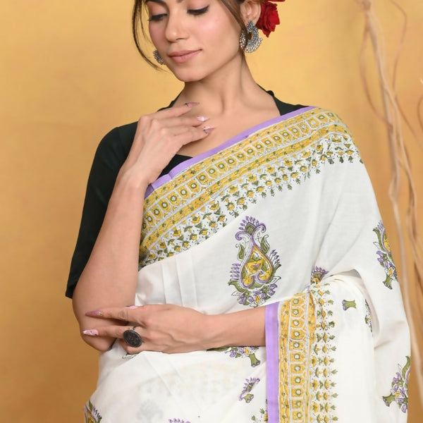 Very Much Indian Handblock Printed Cotton Saree With Natural Dyes - White - Distacart