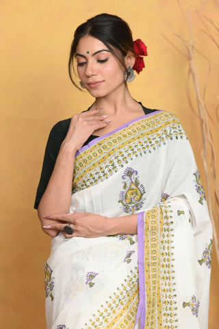 Very Much Indian Handblock Printed Cotton Saree With Natural Dyes - White - Distacart