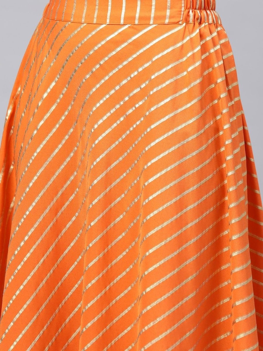 Ahalyaa Women's Orange Crepe Gold Print Top Skirt With Printed Jacket