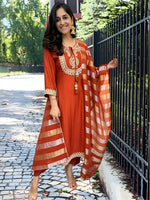 Thumbnail for The52 Orange Women's Gorgeous Embroidered work Chanderi Fabric Straight Kurta, Pant and Dupatta Set - Distacart