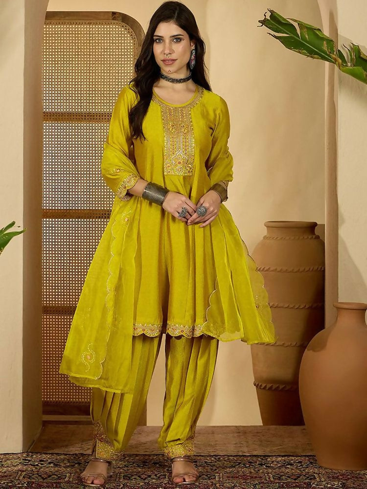The52 Women's Beautiful Embroidery Work Vichitra Fabric A-line Kurta Pant and Dupatta Set