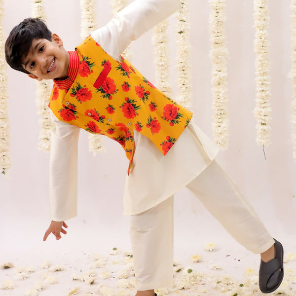 Lil Drama Genda Phool White Kurta and Pant with Mustard Jacket Set for Boys