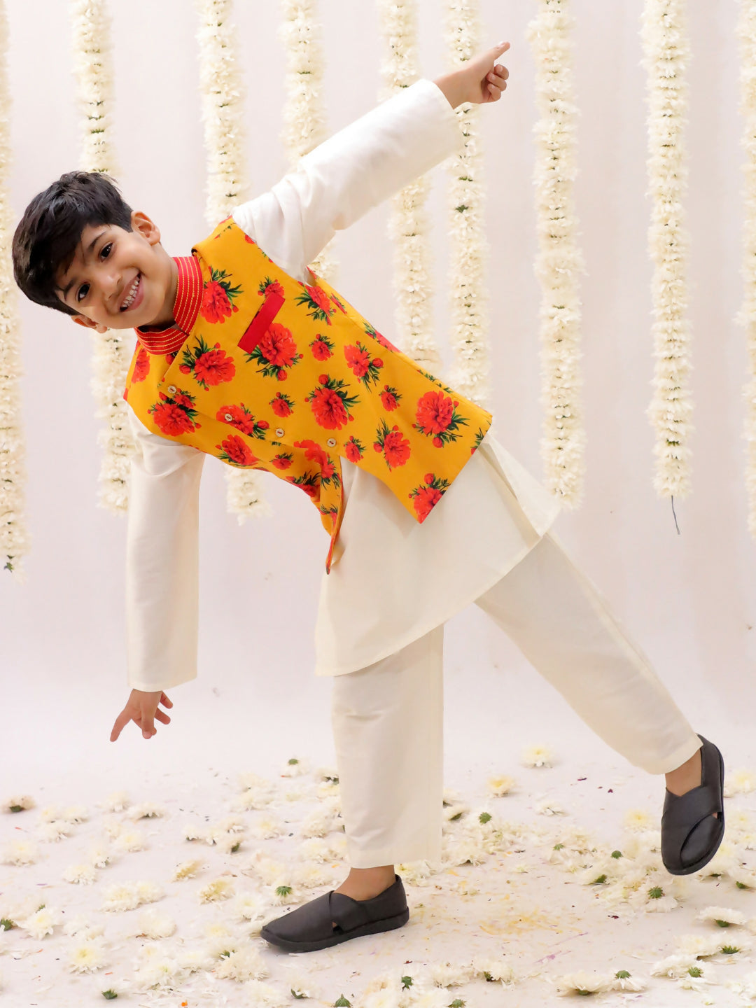 Lil Drama Genda Phool White Kurta and Pant with Mustard Jacket Set for Boys