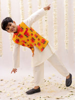 Thumbnail for Lil Drama Genda Phool White Kurta and Pant with Mustard Jacket Set for Boys