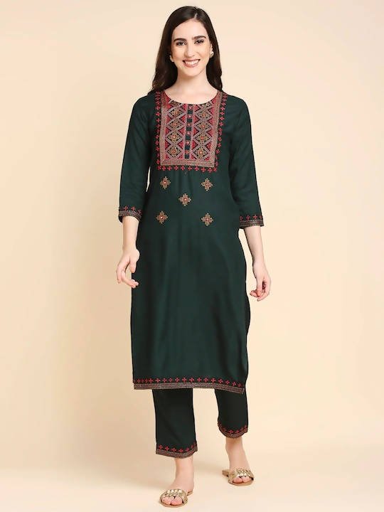 Anubhutee Green & Beige Embroidered Kurta with Palazzos - Distacart