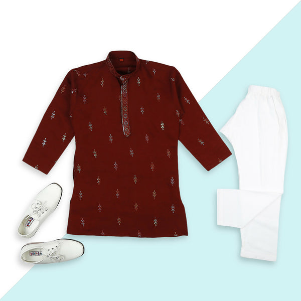 Joban Fashion Kids Island Traditional Ethnic Wear with Silk Sequence Embroidery Full Sleeves Kurta and Pyjama Set - Maroon - Distacart