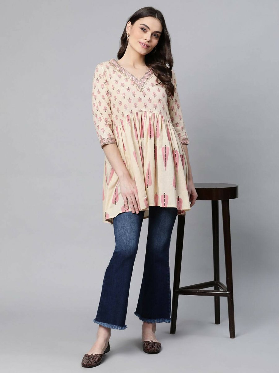 Ahalyaa Women Beautiful Beige Pure Cotton Printed Tunic - Distacart
