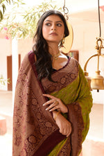 Thumbnail for Joban Fashion Grass Green Crepe Chiffon Pure Handloom Banarasi Silk Saree