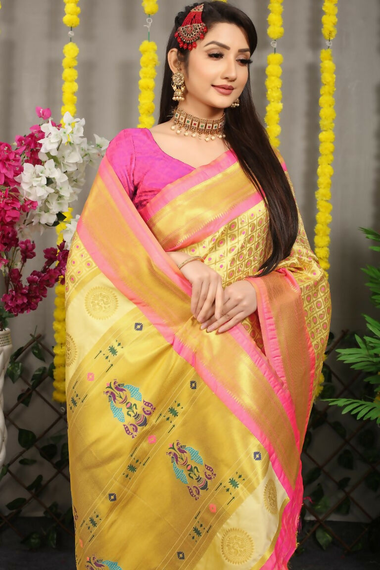 Jyoti Fashion Women's Cream Banarasi Silk Zari Woven Saree with Blouse - Distacart