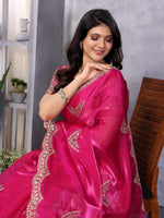 Thumbnail for Vastranavya Pink Embroidery Work Shimmer Chiffon Saree with Unstitched Blouse