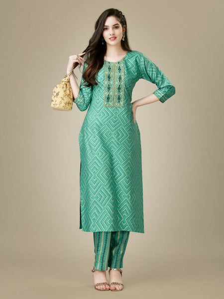 Aastha Fashion Women's Pista Green Rayon Embroidered Kurta Pant Set - Distacart