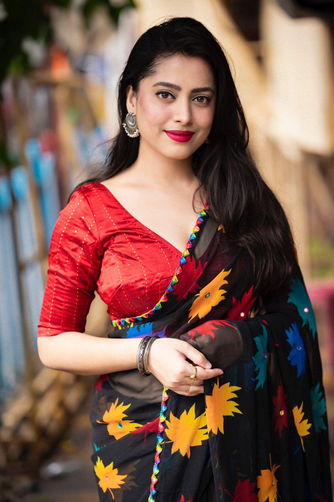 Black Poly Georgette Ethnic Motifs Saree with Unstitched Blouse - Hiral Fashion - Distacart