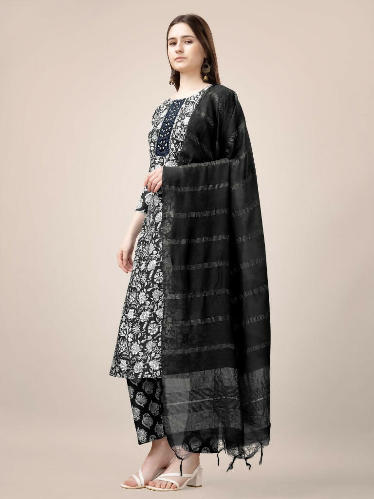 Jyoti Fashion Women's Black Rayon Print with Embroidery & Fancy Lace Work Kurta with Trouser & Dupatta - Distacart