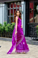 Thumbnail for Vastranavya Purple Embroidery Work Shimmer Chiffon Saree with Unstitched Blouse