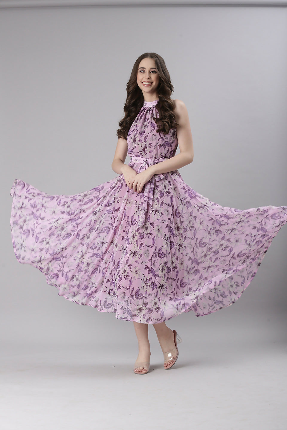 Souchii Lavender Floral Chiffon Dress -Souchii