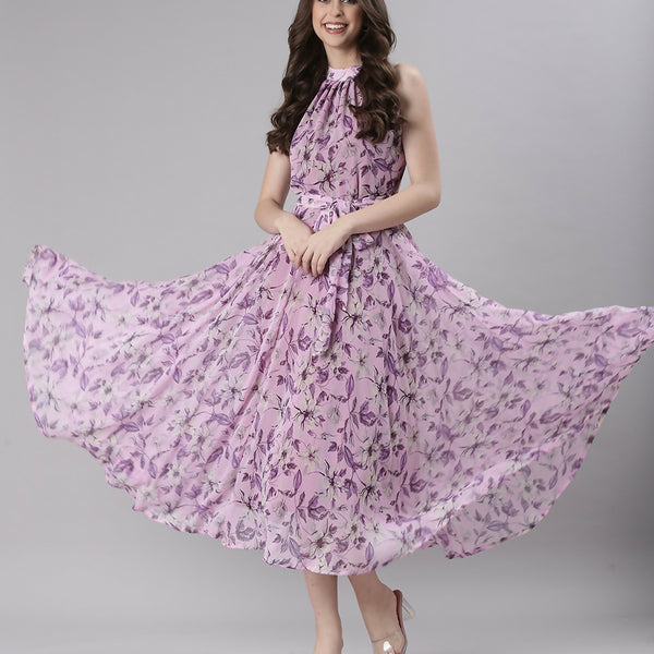 Souchii Lavender Floral Chiffon Dress -Souchii