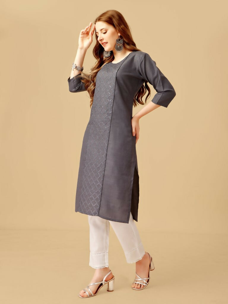 Jyoti Fashion Women's Grey Cotton Blend Embroidered Kurta Pant Set - Distacart