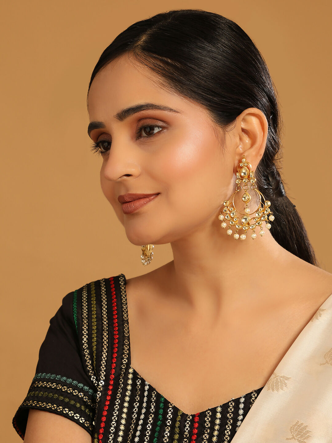 Nuyug 22K Gold Plated Kundan Studded Contemporary Shaped Pearl Drop Chandbalis