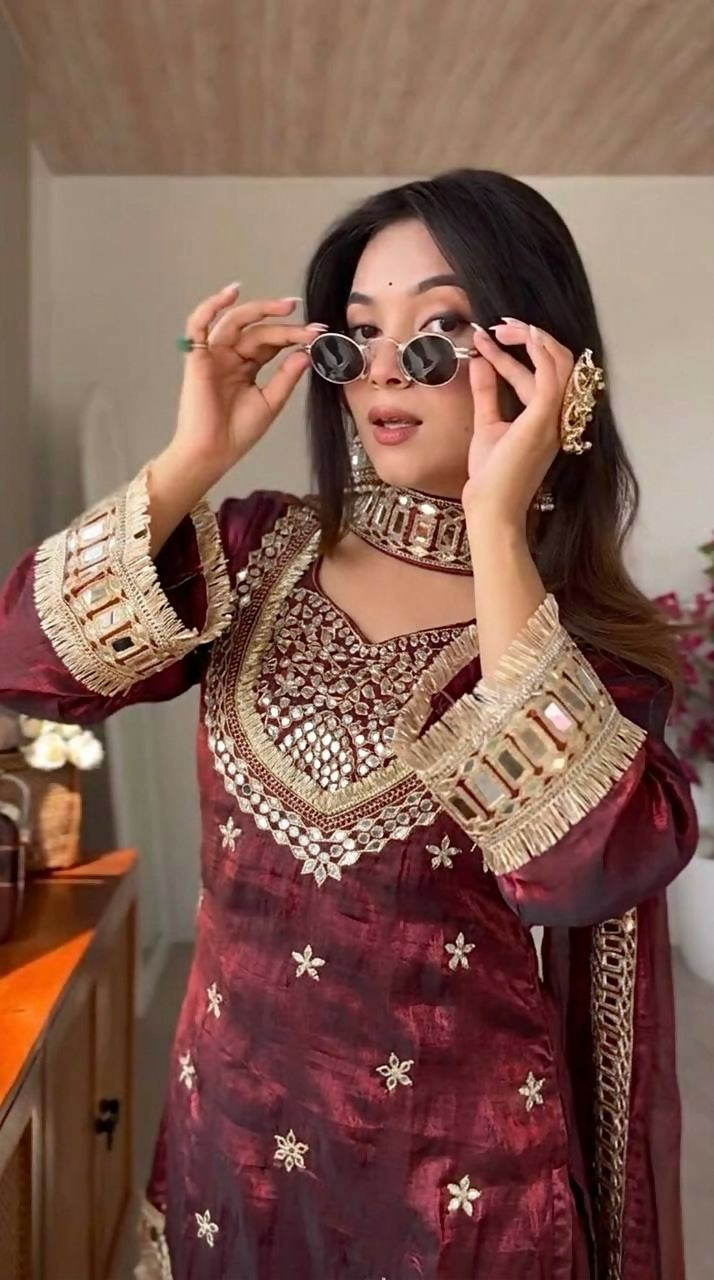 Teeya Creation New Trendy Stylish Real Mirror Work With Lace Border Kurta Set - Dista