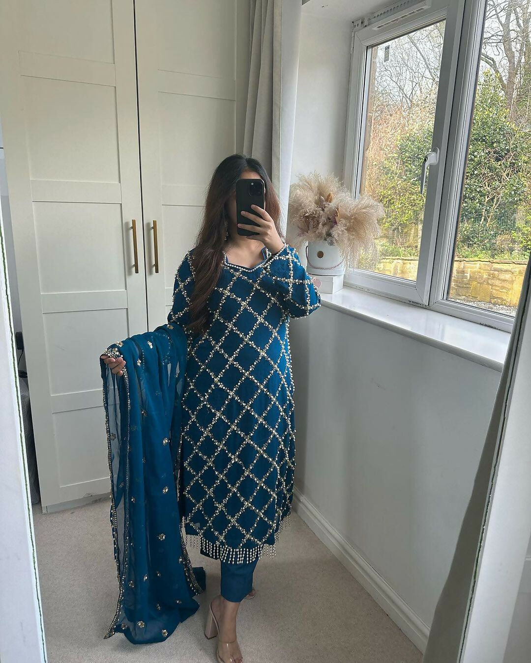 Preksha Creation Indian Festival Special Women Faux Georgette Sequence Embroidered Work Top And Pant With Dupatta - Blue - Distacart