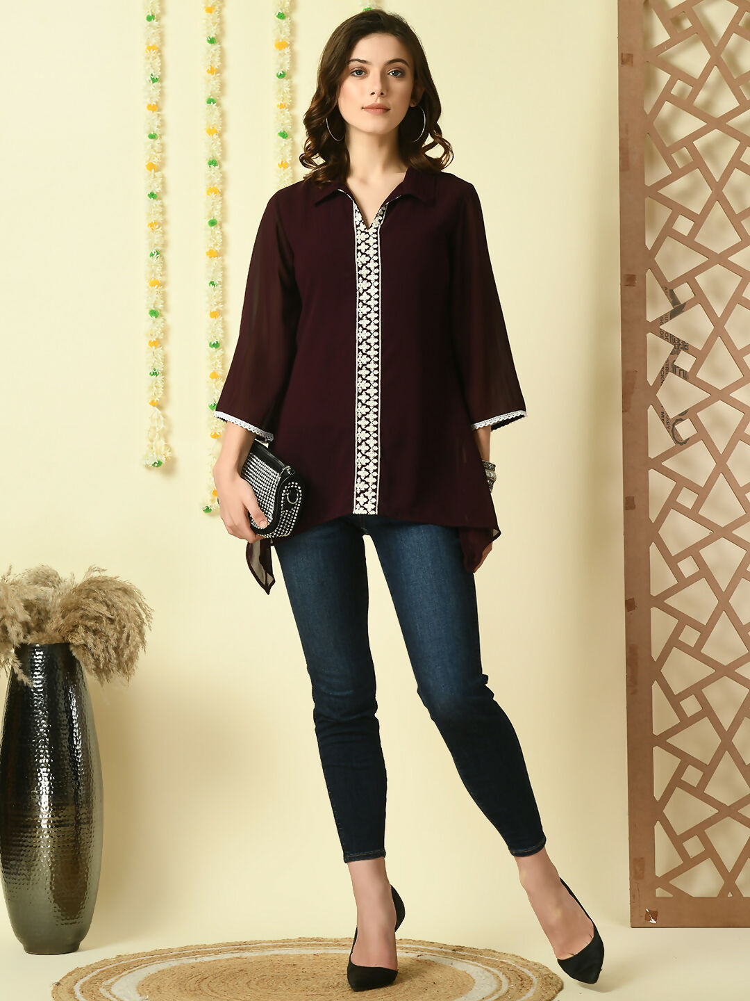 Myshka Women's Coffee Brown Embroidered Party Fusion Top - Distacart