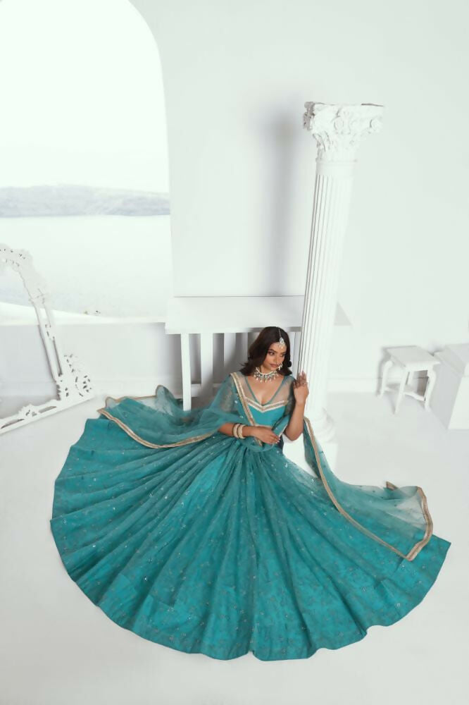Aastha Fashion Rama Green Butterfly Net Tone To Tone Cotton Thread Work And Sequence Work Embroidery Wedding Wear Lehenga Choli - Distacart