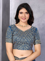 Thumbnail for Vastranavya Blue Embroidery Work Shimmer Chiffon Saree with Unstitched Blouse