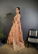 Thumbnail for Joban Fashion Peach Handloom Banarasi Organza Silk Khatali Butta Work Saree - Distacart