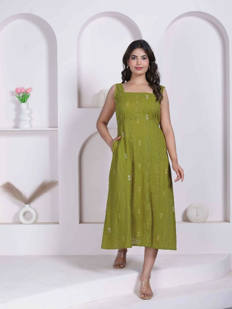 Miravan Womens Abstract Printed Green ALine Maxi Dress - Dista
