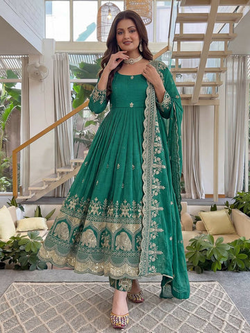 Teeya Creation New Trendy Stylish Wedding Wear Embroidered Anarkali Set - Teal-Green - Dista