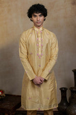 Thumbnail for Semi Pattu Gold Padmajaal Kurta Set By Hilo Design