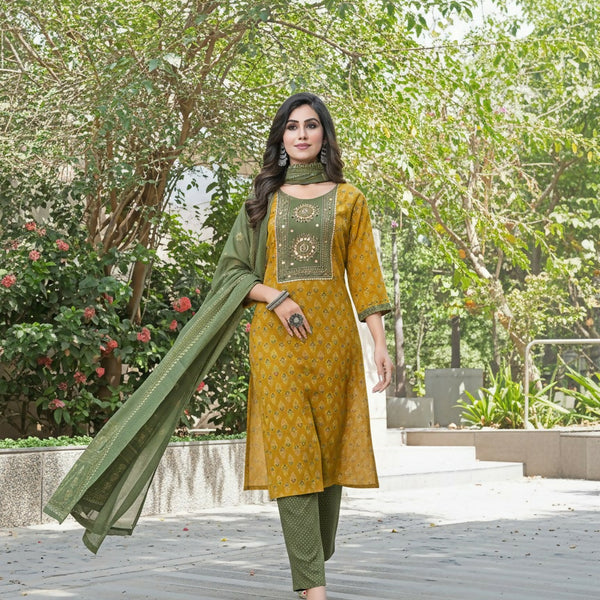 BulBul Aaliya Warm Mustard Cotton Kurta Set with Dupatta