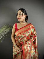 Thumbnail for Joban Fashion Red Floral & Bird Motifs Soft Silk Paithani Saree - Distacart