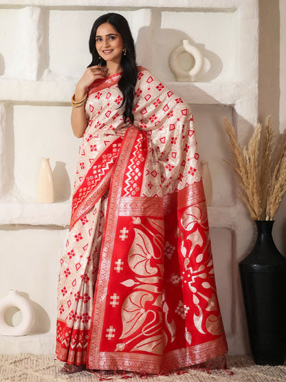 Shree Shyam Fashion Linen Cotton Red & White Saree - Distacart