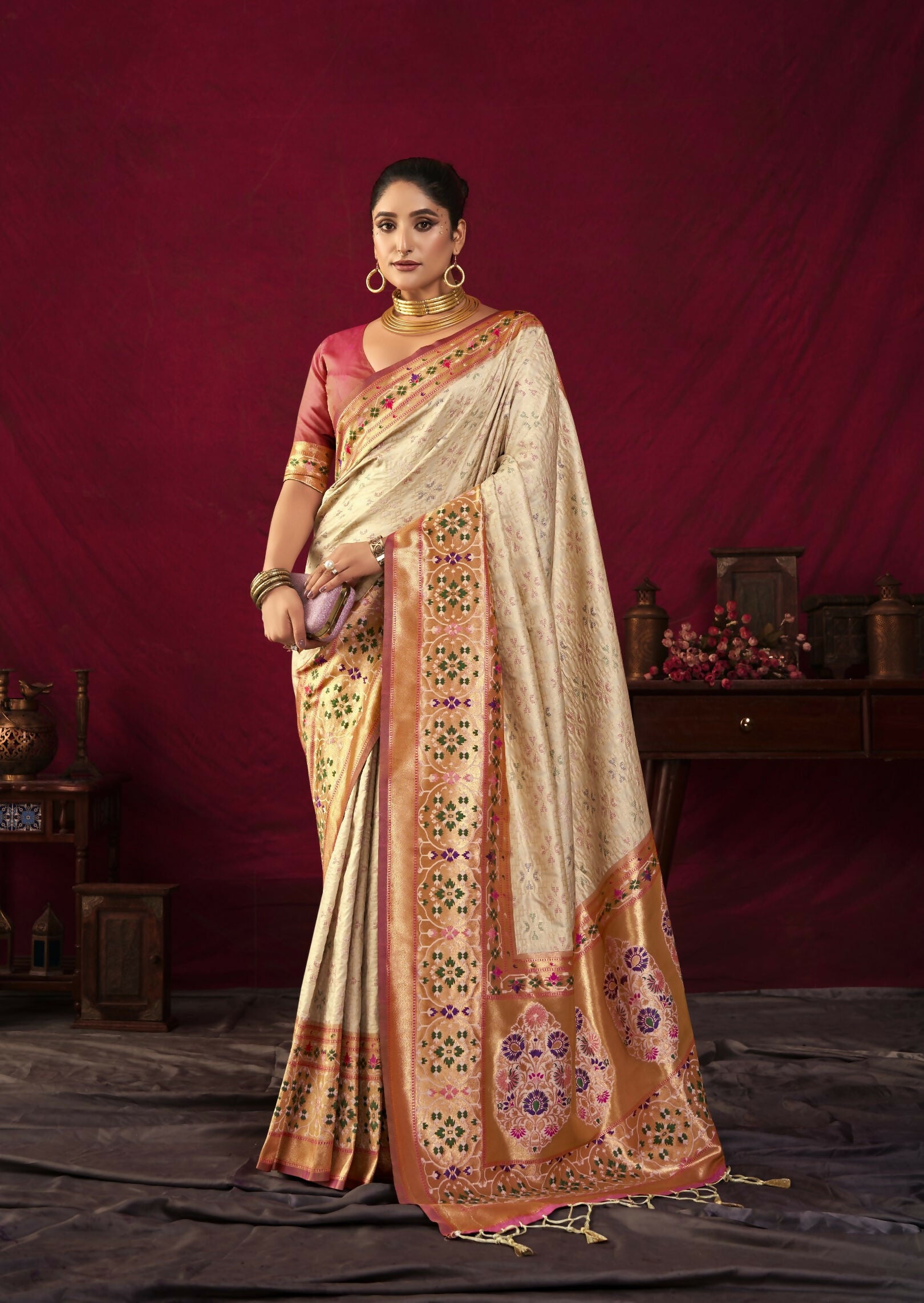 Vishnu Weaves Women's Cream Paithani Silk Saree with Blouse - Distacart