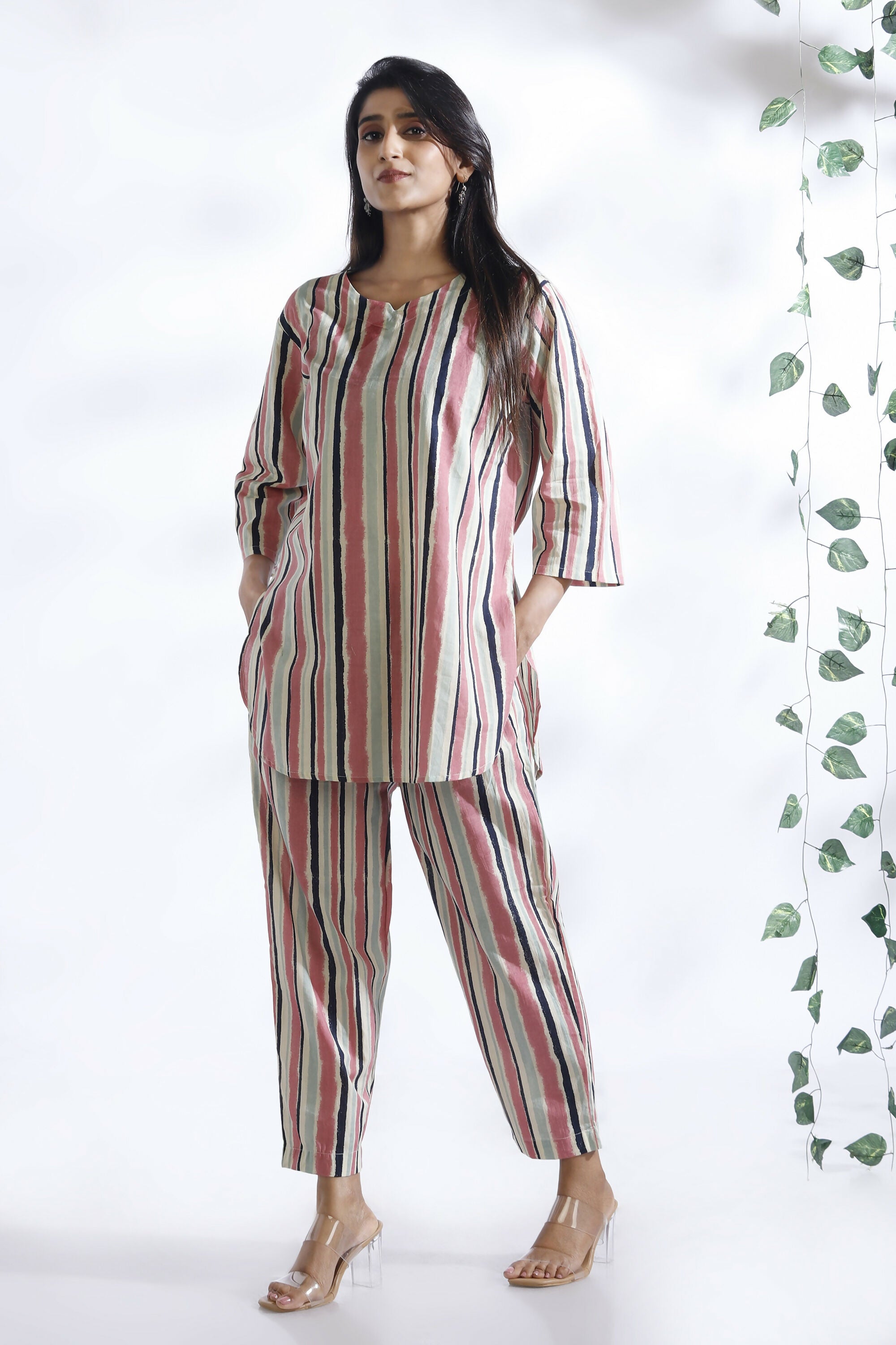 Breathables Women’S Pink Cotton Stripes Loungewear Co-Ord Set - Dista