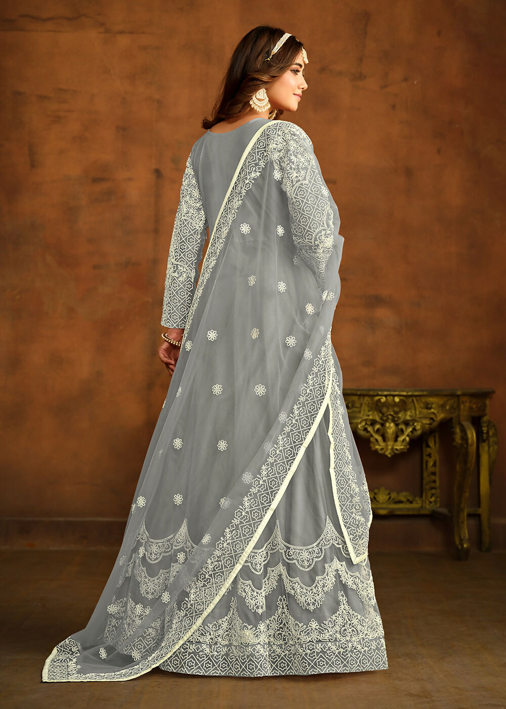 Grey All Over Embroidered Net Wedding Anarkali Suit - Emponline - Distacart