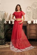 Thumbnail for Vastranavya Red Digital Printed Linen Ready To Wear Designer Saree with Unstitched Blouse - Distacart