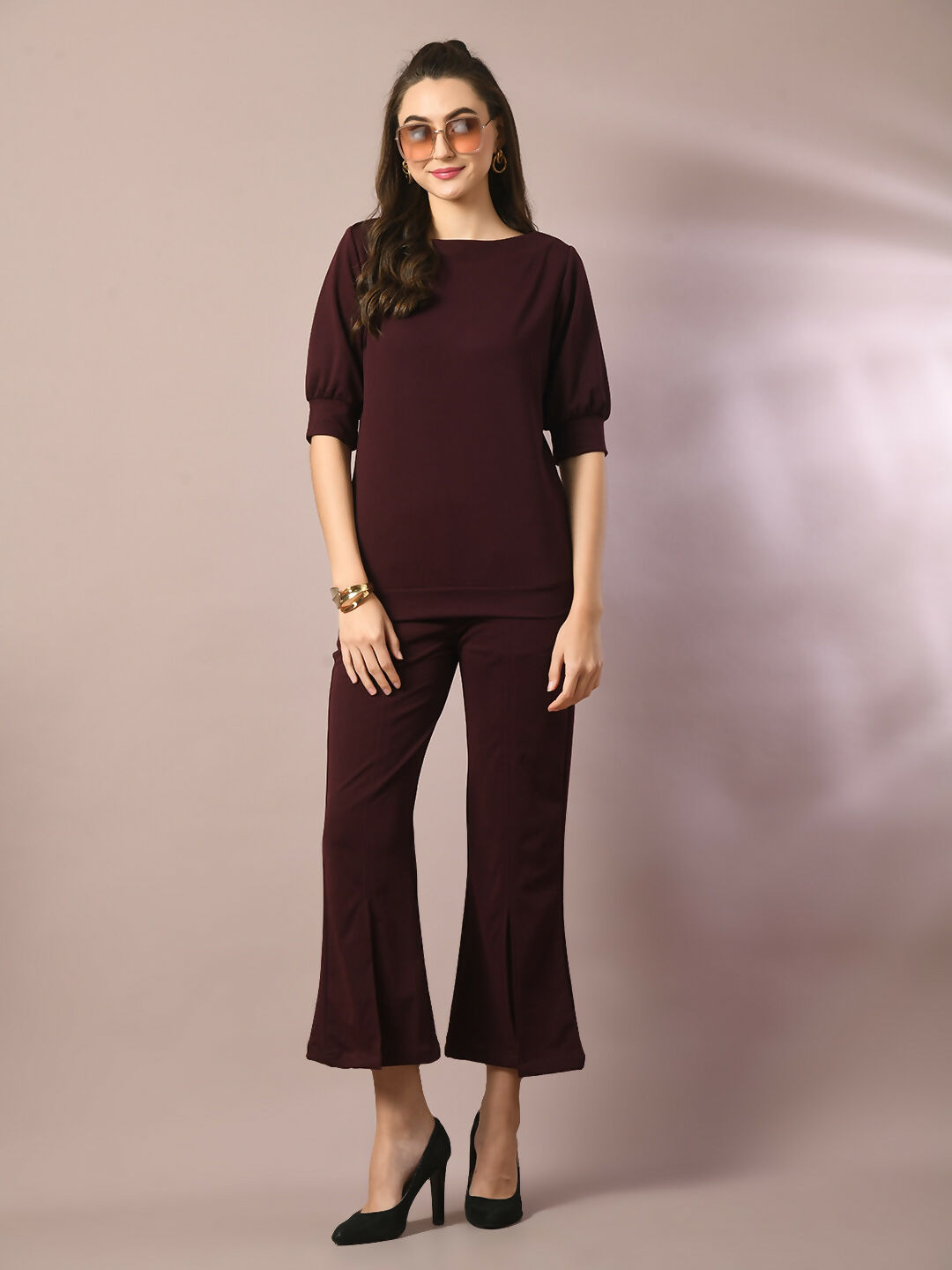 Myshka Women's Coffee Brown Solid Boat Neck Party Top With Trousers Co-ord set - Distacart
