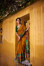 Thumbnail for Vastranavya Mustard Viscose Chanderi Kalamkari Print with Zari Working Saree & Unstitched Blouse - Distacart