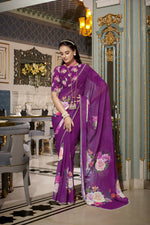 Thumbnail for Vastranavya Purple Spectacular Georgette Printed with Pearl Lace Saree with Unstitched Blouse - Distacart