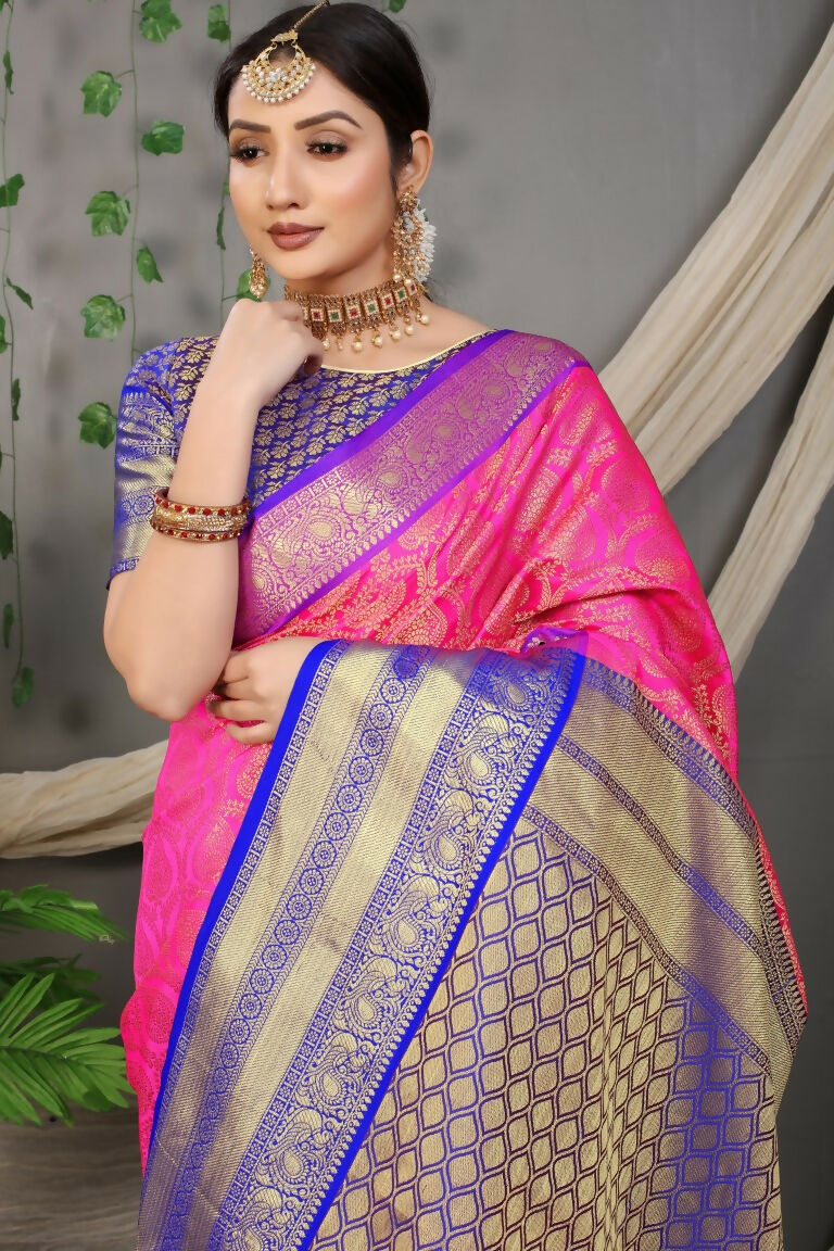 Jyoti Fashion Women's Pink Kanjivaram Silk Zari Woven Saree with Blouse - Distacart
