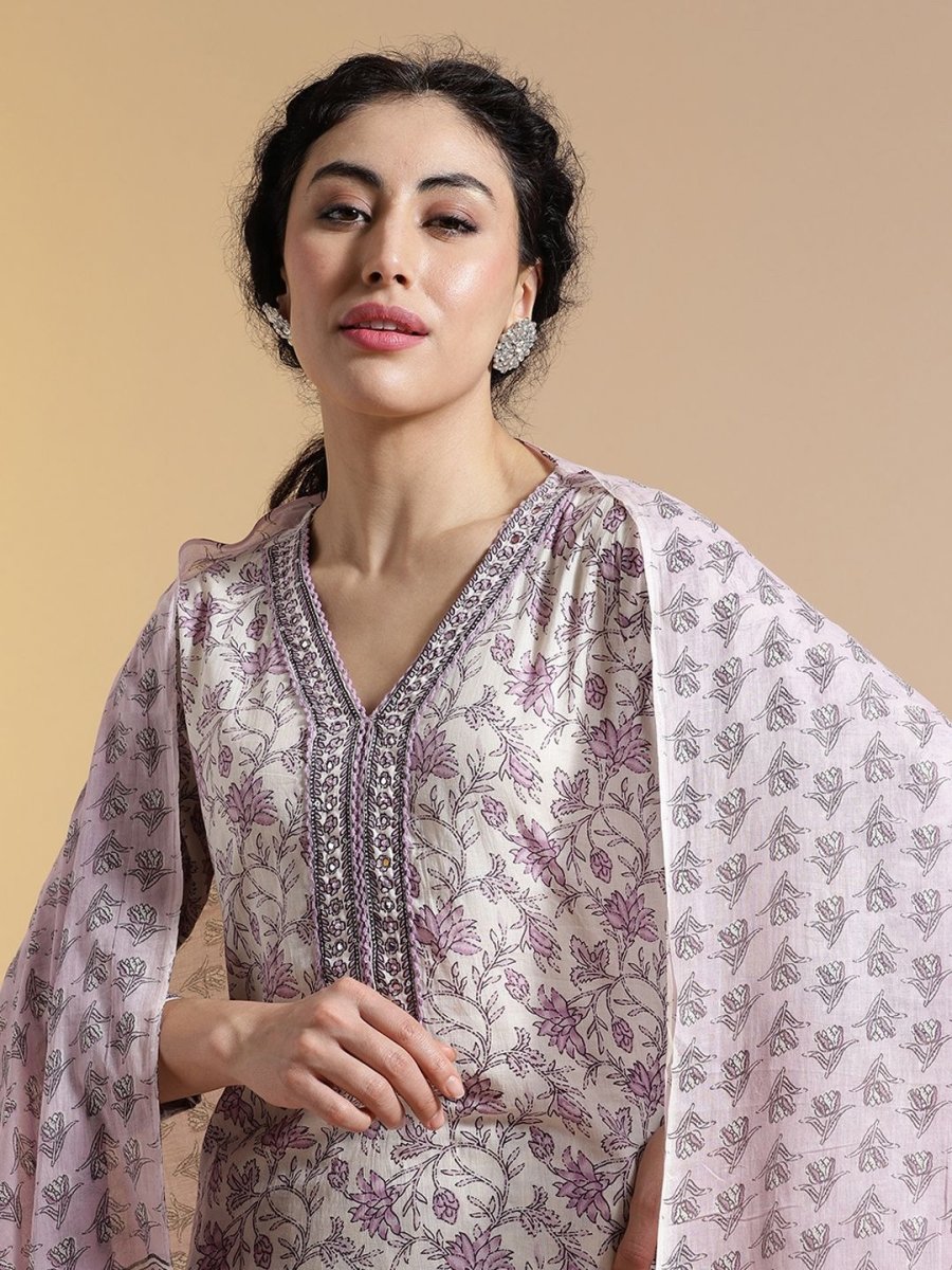 Anouk Floral Printed Pure Cotton Kurta With Trousers & Dupatta