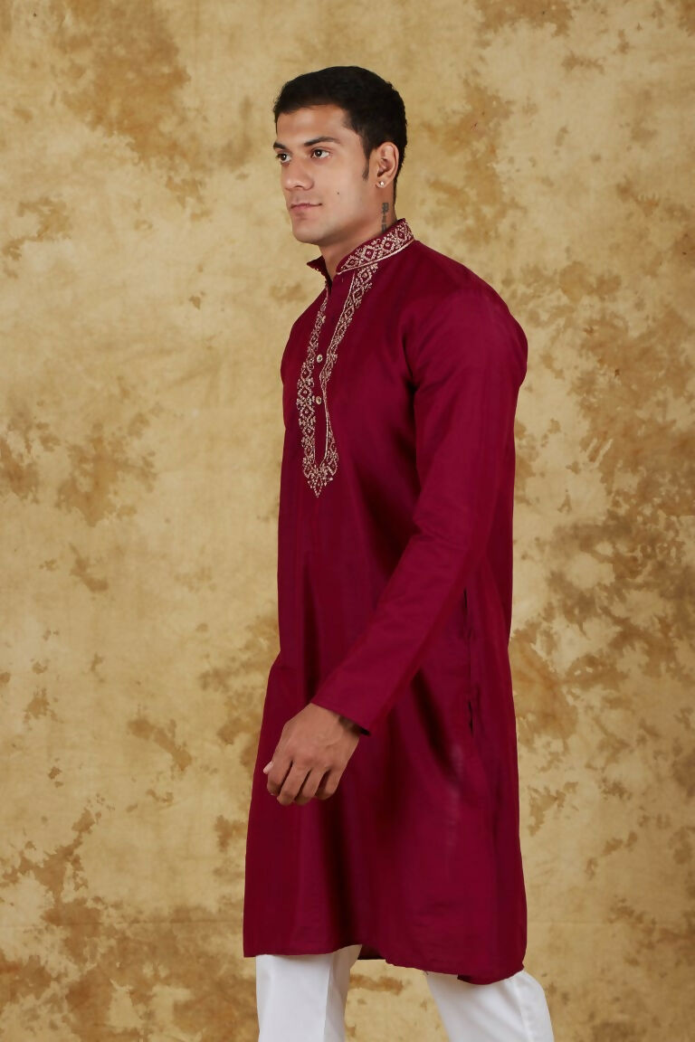Bluesaanchi Men's Handloom Embroidered Crimson Kurta Set - Distacart