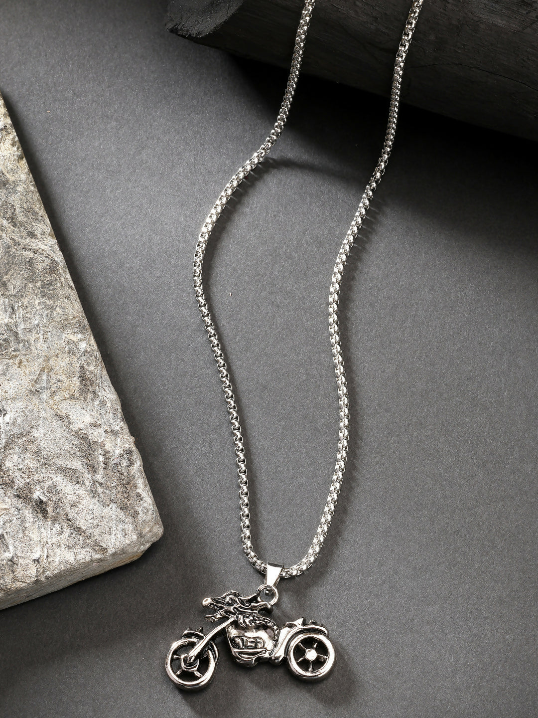 NVR Men's Rhodium-Plated Stainless Steel Bike Shaped Pendant With Chain - Distacart