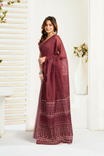 Thumbnail for Joban Fashion Maroon Ethnic Motifs Linen Ready To Wear Saree With Unstitched Blouse - Distacart